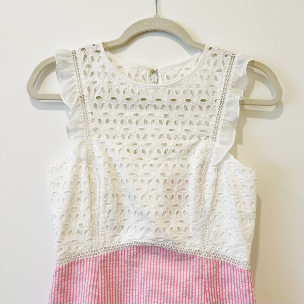 Lilly Pulitzer Maya Shift Dress Pink Tropics Seersucker Eyelet Ruffled Lace Sz 0 - Picture 8 of 10